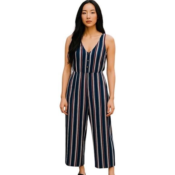 Xhilaration Women’s Blue Striped V-Neck Button-Front Belted‎ Jumpsuit Size S - Picture 1 of 13